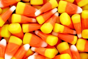 A pile of tri-colored candy corn