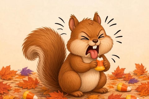 A cartoon squirrel making a disgusted face at a bitten candy corn